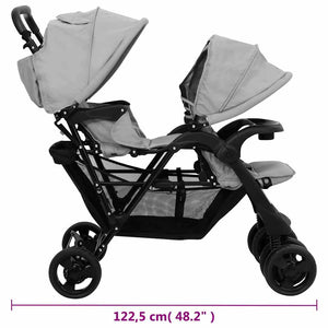 vidaXL Tandem Twin Stroller Light Grey Steel