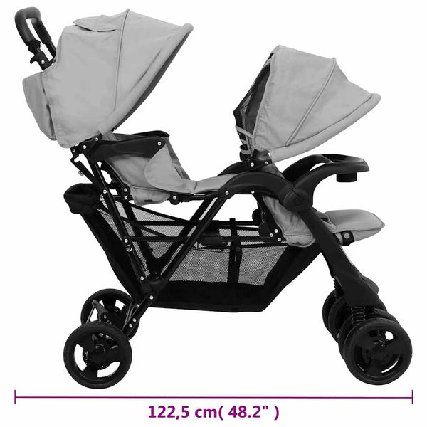 vidaXL Tandem Twin Stroller Light Grey Steel