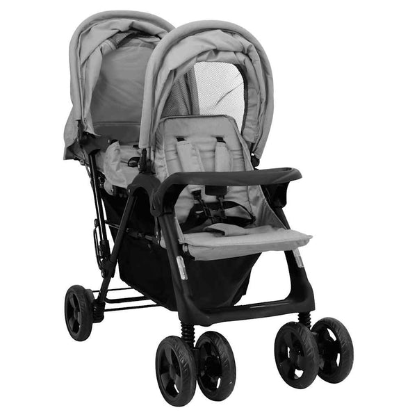 vidaXL Tandem Twin Stroller Light Grey Steel