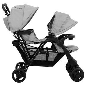 vidaXL Tandem Twin Stroller Light Grey Steel