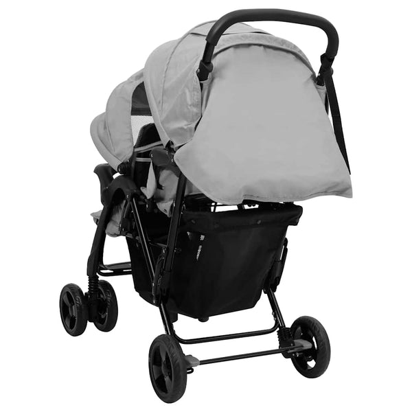 vidaXL Tandem Twin Stroller Light Grey Steel