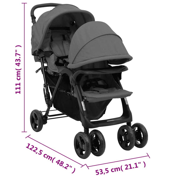 vidaXL Tandem Twin Stroller Dark Grey Steel