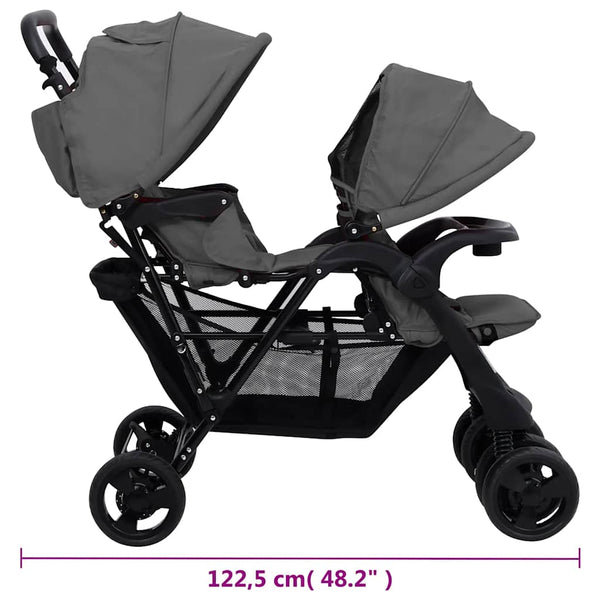 vidaXL Tandem Twin Stroller Dark Grey Steel