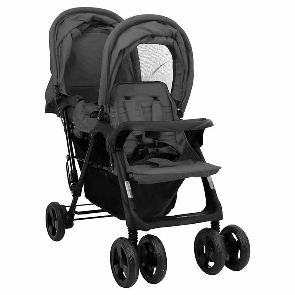 vidaXL Tandem Twin Stroller Dark Grey Steel