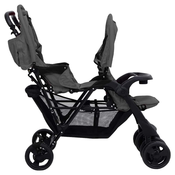 vidaXL Tandem Twin Stroller Dark Grey Steel
