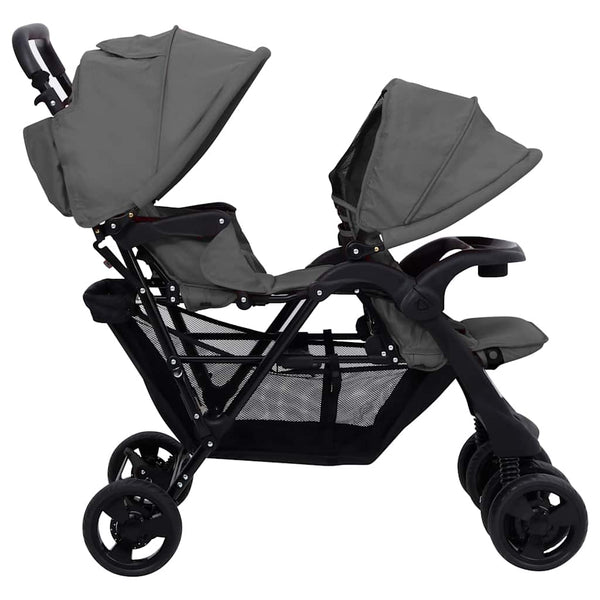 vidaXL Tandem Twin Stroller Dark Grey Steel