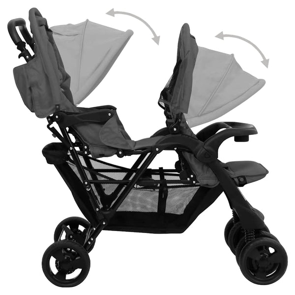 vidaXL Tandem Twin Stroller Dark Grey Steel
