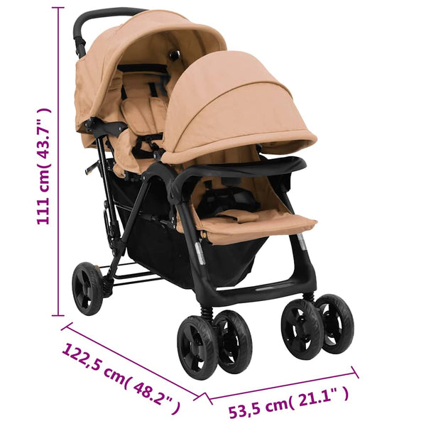 vidaXL Tandem Double Stroller Taupe Steel