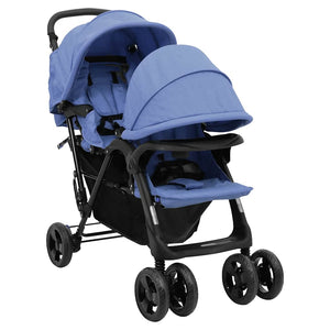 vidaXL Tandem Twin Stroller Navy Blue Steel