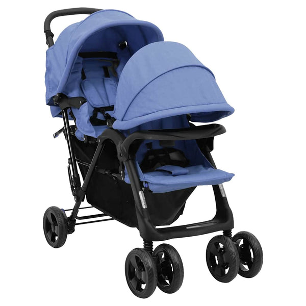 vidaXL Tandem Twin Stroller Navy Blue Steel