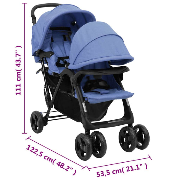 vidaXL Tandem Twin Stroller Navy Blue Steel