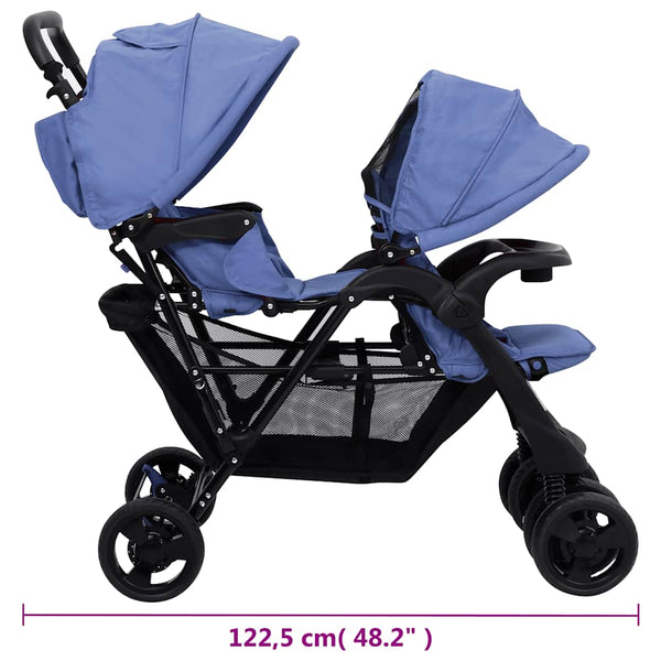 vidaXL Tandem Twin Stroller Navy Blue Steel