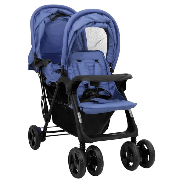 vidaXL Tandem Twin Stroller Navy Blue Steel