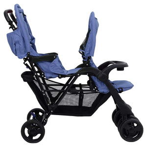 vidaXL Tandem Twin Stroller Navy Blue Steel