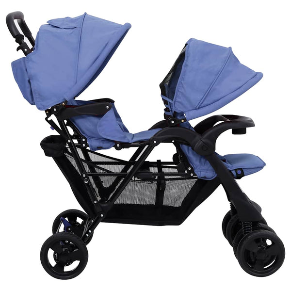 vidaXL Tandem Twin Stroller Navy Blue Steel
