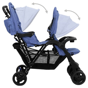 vidaXL Tandem Twin Stroller Navy Blue Steel