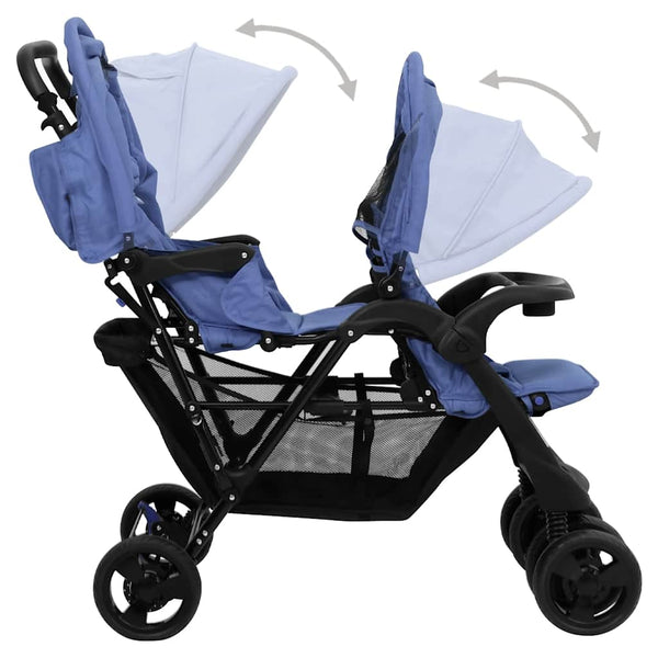 vidaXL Tandem Twin Stroller Navy Blue Steel