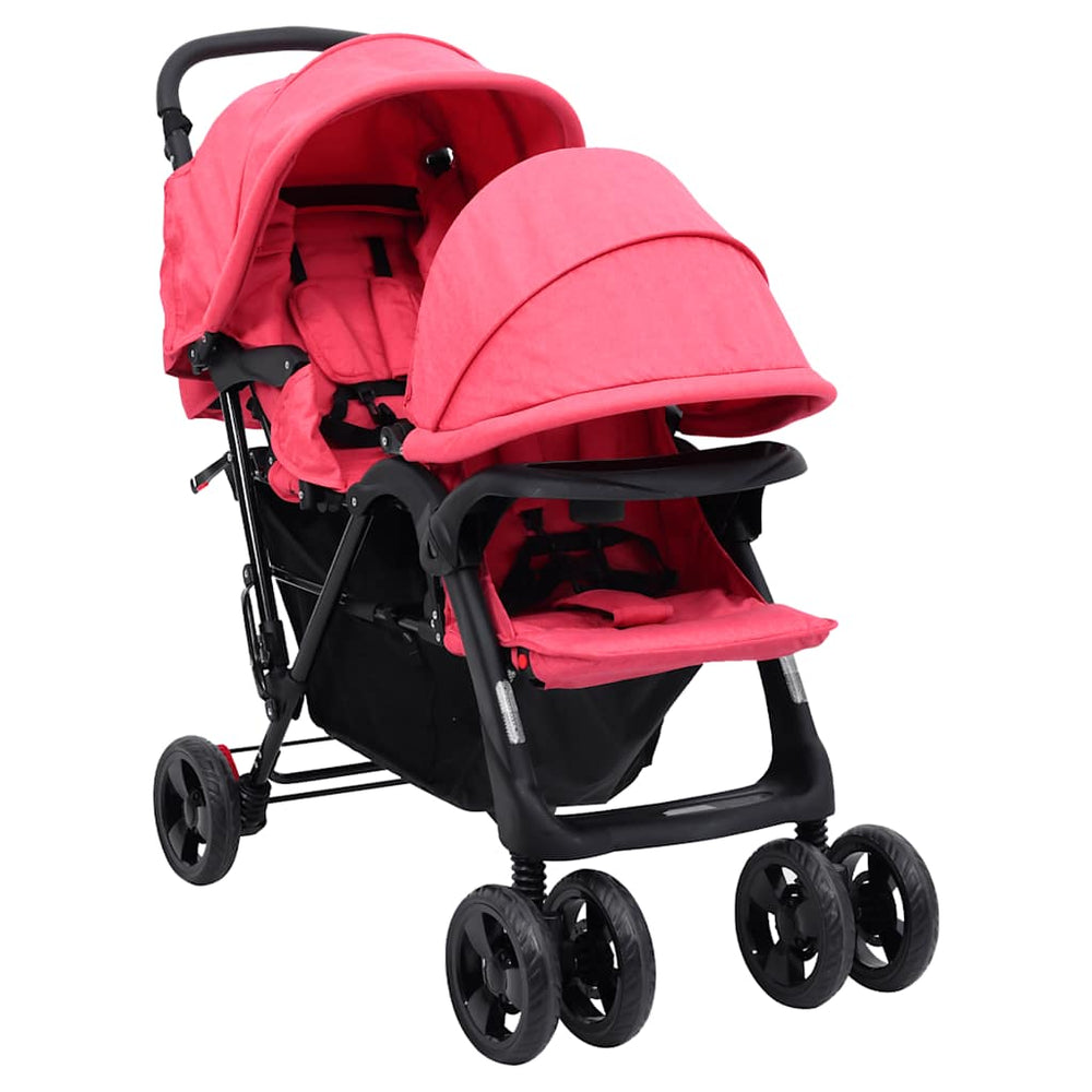 vidaXL Tandem Twin Stroller Red Steel