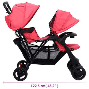 vidaXL Tandem Twin Stroller Red Steel