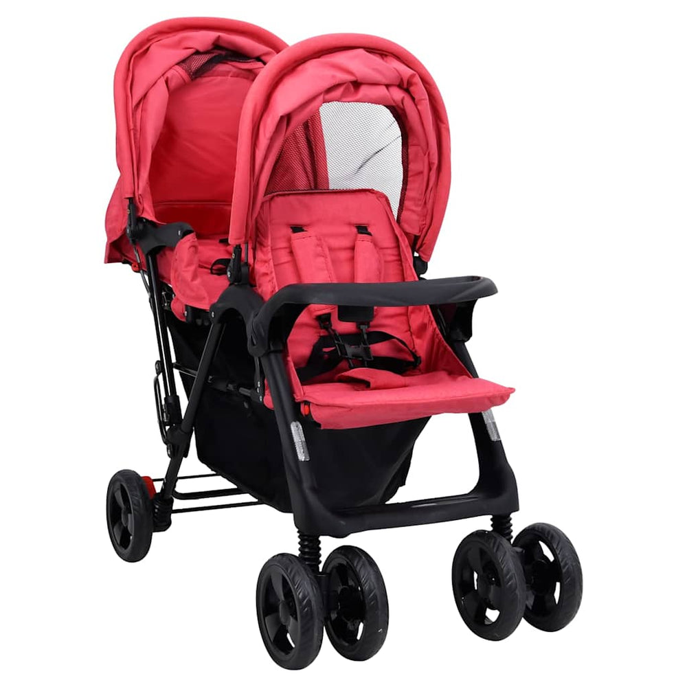 vidaXL Tandem Twin Stroller Red Steel
