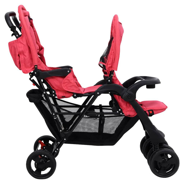 vidaXL Tandem Twin Stroller Red Steel