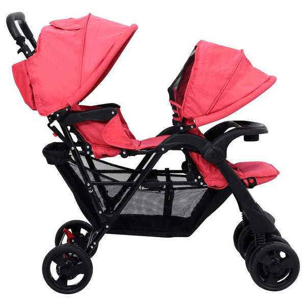 vidaXL Tandem Twin Stroller Red Steel