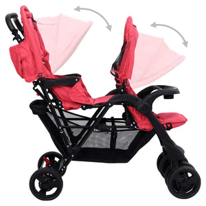 vidaXL Tandem Twin Stroller Red Steel
