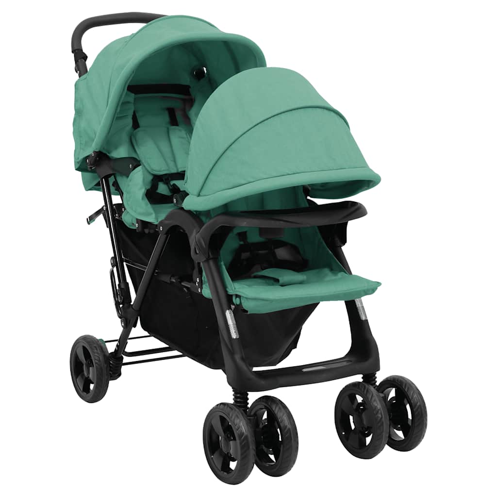 vidaXL Tandem Twin Stroller Green Steel