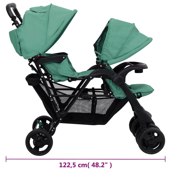 vidaXL Tandem Twin Stroller Green Steel