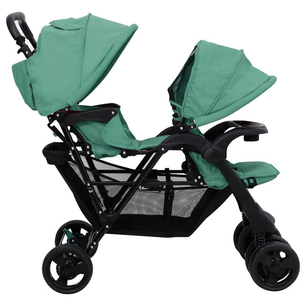 vidaXL Tandem Twin Stroller Green Steel