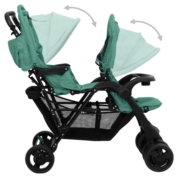 vidaXL Tandem Twin Stroller Green Steel