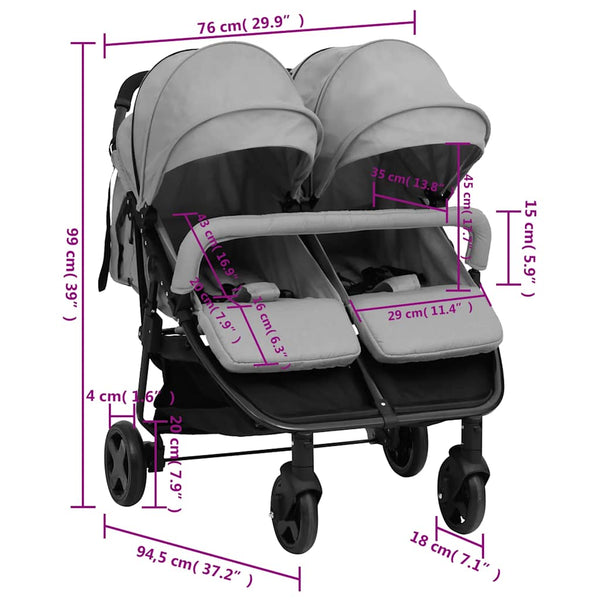 vidaXL Tandem Stroller Light Grey and Black Steel