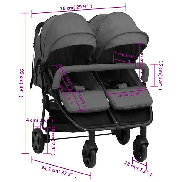 vidaXL Twin Stroller Dark Grey and Black Steel