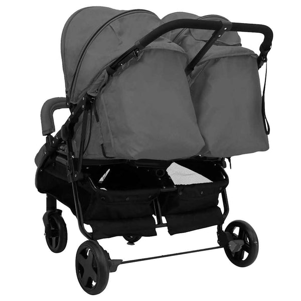 vidaXL Twin Stroller Dark Grey and Black Steel