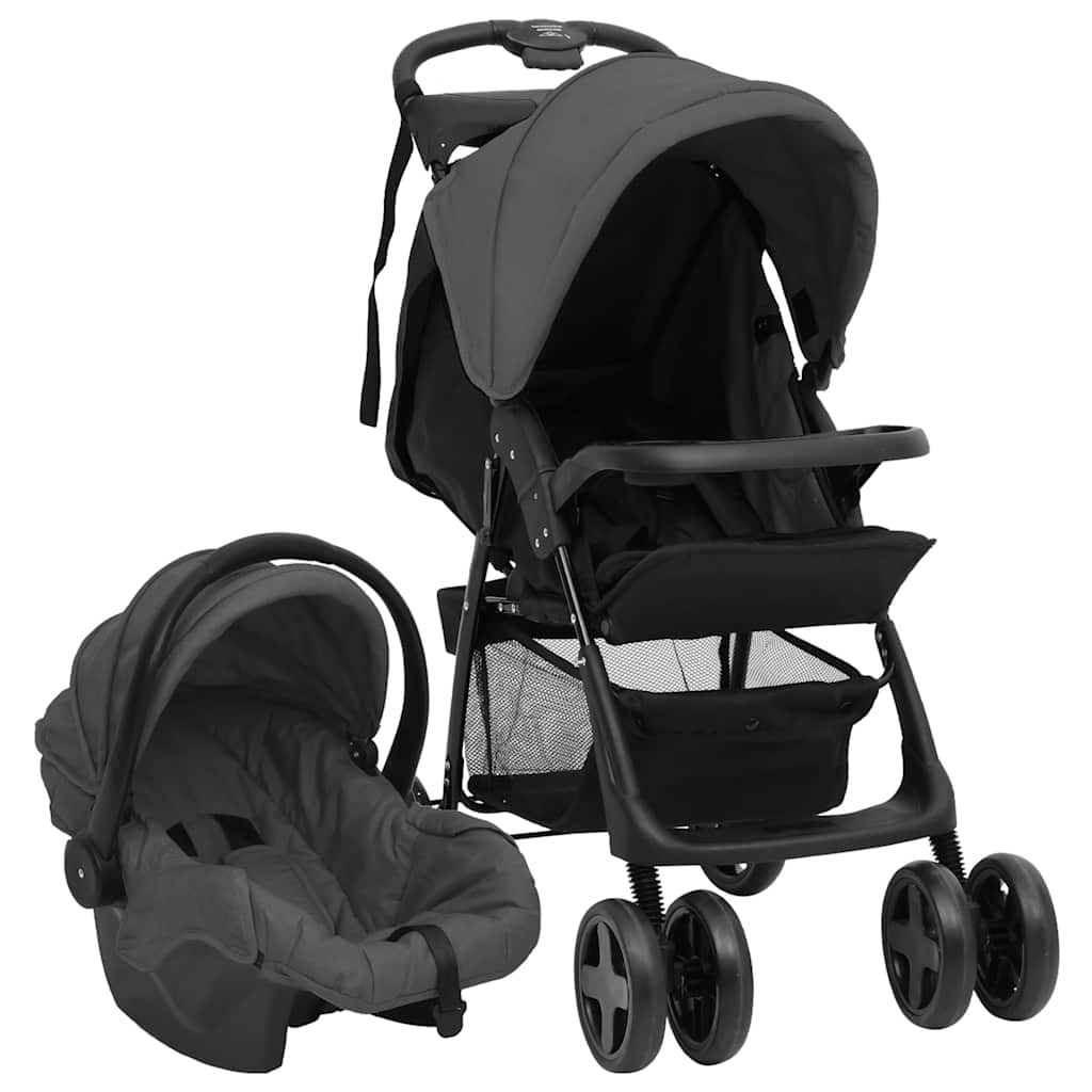 vidaXL 3-in-1 Baby Stroller Dark Grey and Black Steel