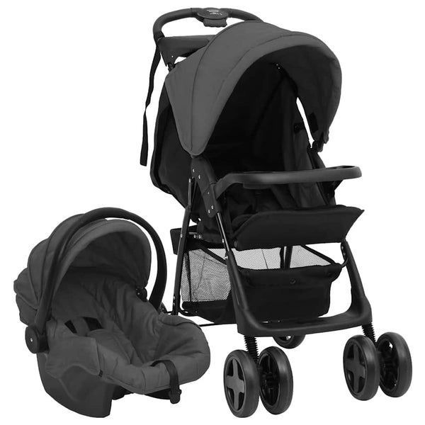 vidaXL 3-in-1 Baby Stroller Dark Grey and Black Steel