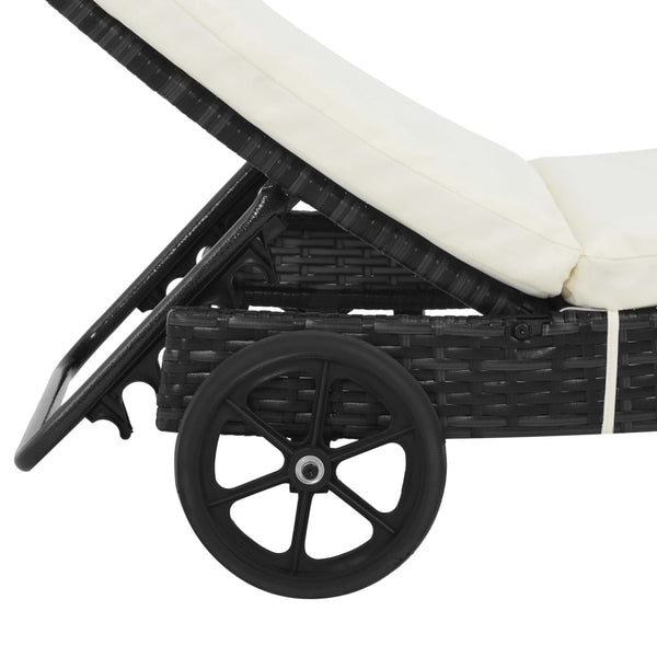 vidaXL Sun Loungers 2 pcs with Wheels and Cushions Poly Rattan Black