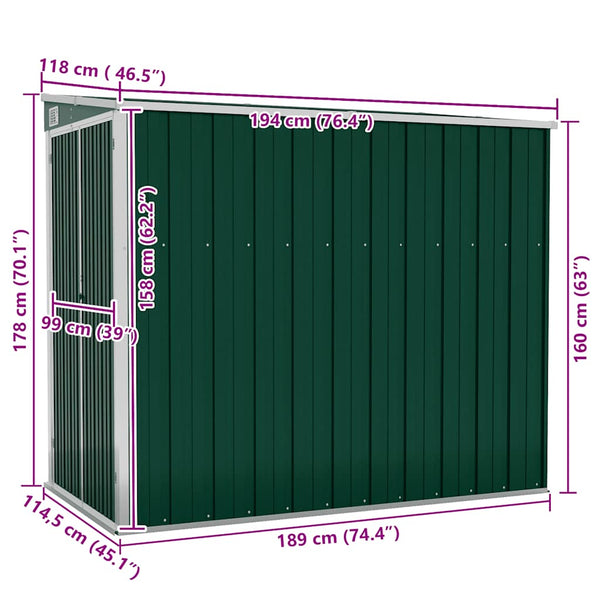 vidaXL Lean-to Shed Green 118x194x178 cm Galvanized Steel