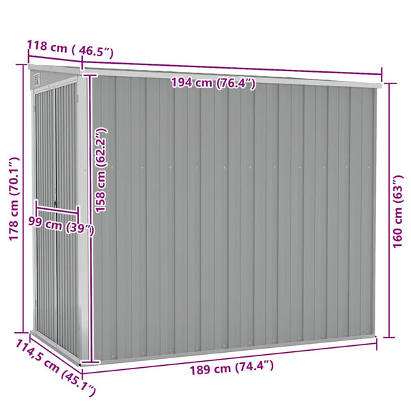 vidaXL Lean-to Shed Grey 118x194x178 cm Galvanised Steel