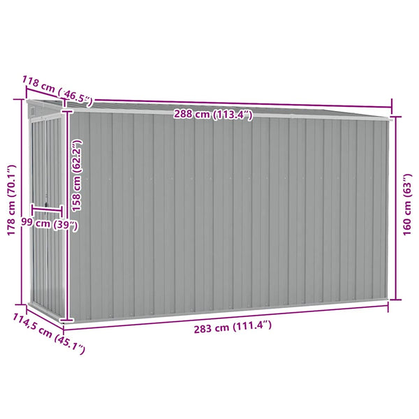 vidaXL Lean-to Shed Grey 118x288x178 cm Galvanized Steel