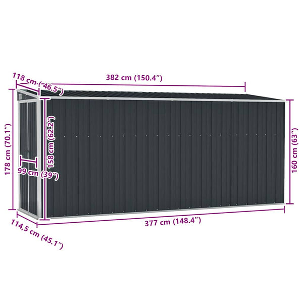 vidaXL Lean-to Shed Anthracite 118x382x178 cm Galvanized Steel