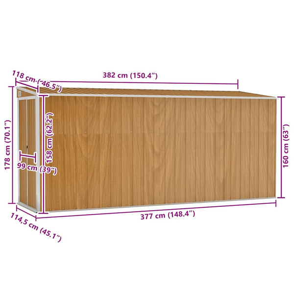 vidaXL Wall-Mounted Garden Shed Brown 118 x 382 x 178 cm Galvanized Steel