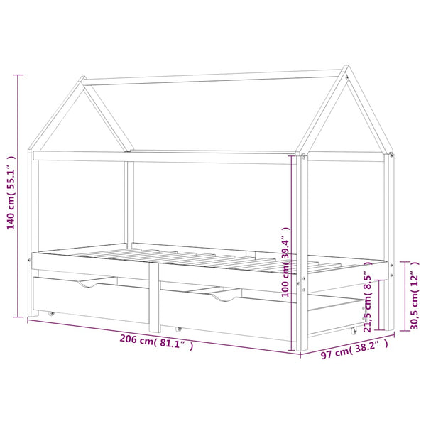 vidaXL Children's Bed with Drawers White Solid Pine Wood 90x200 cm