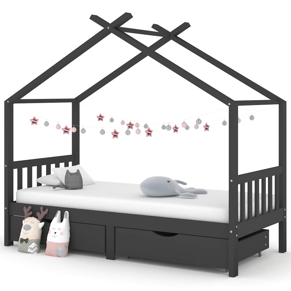 vidaXL Kids Bed with Drawers Dark Grey Solid Pine Wood 90x200cm