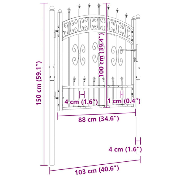 vidaXL KAMPEN Garden Gate with Spear Top Black 103 x 100 cm Steel