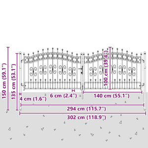 vidaXL Garden Gate KAMPEN with Spear Top Black 302 x 100 cm Steel