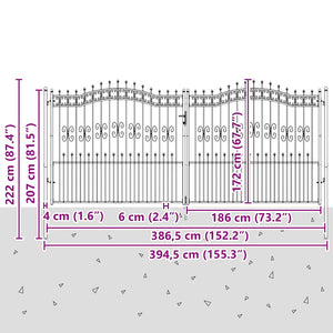 vidaXL Garden Gate KAMPEN with Spear Top Black 394.5 x 172 cm Steel