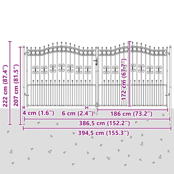 vidaXL Garden Gate KAMPEN with Spear Top Black 394.5 x 172 cm Steel
