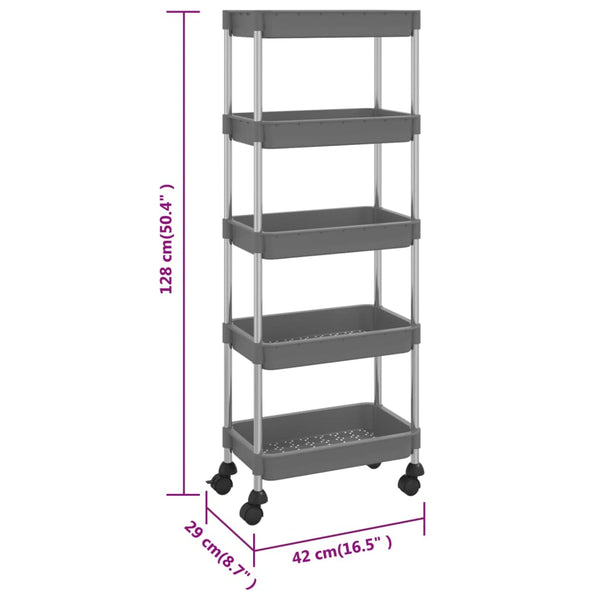 vidaXL Kitchen Trolley 5 Tiers Grey 42x29x128 cm Iron and ABS