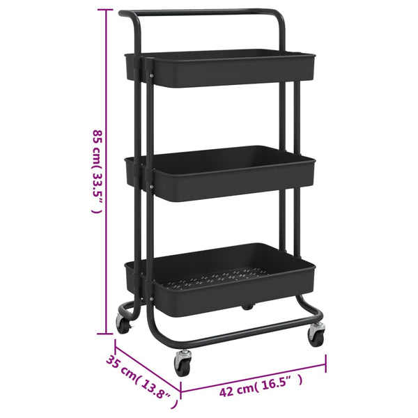 vidaXL Kitchen Trolley 3 Tiers Black 42x35x85 cm Iron and ABS